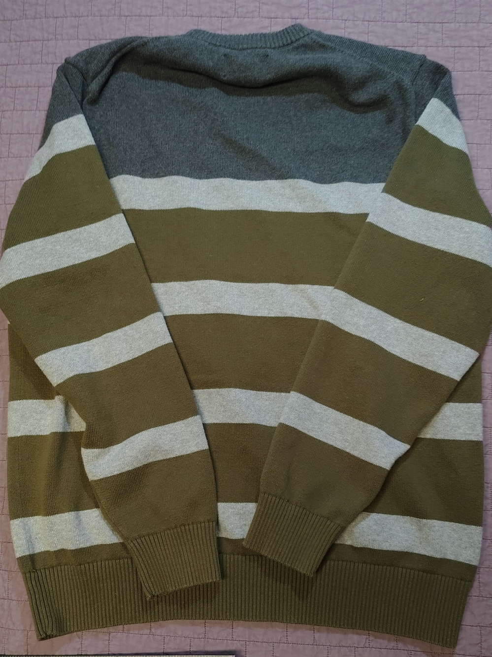 Duluth Trading Co Mens Large Striped Crewneck Knit Sweater Olive Grey Cotton - Picture 2 of 5